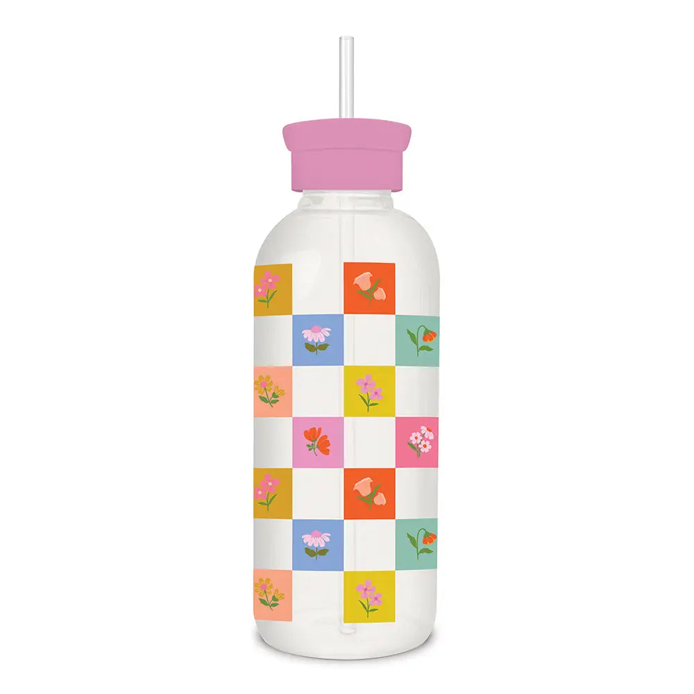Checkerboard Blooms Glass Water Bottle with Straw