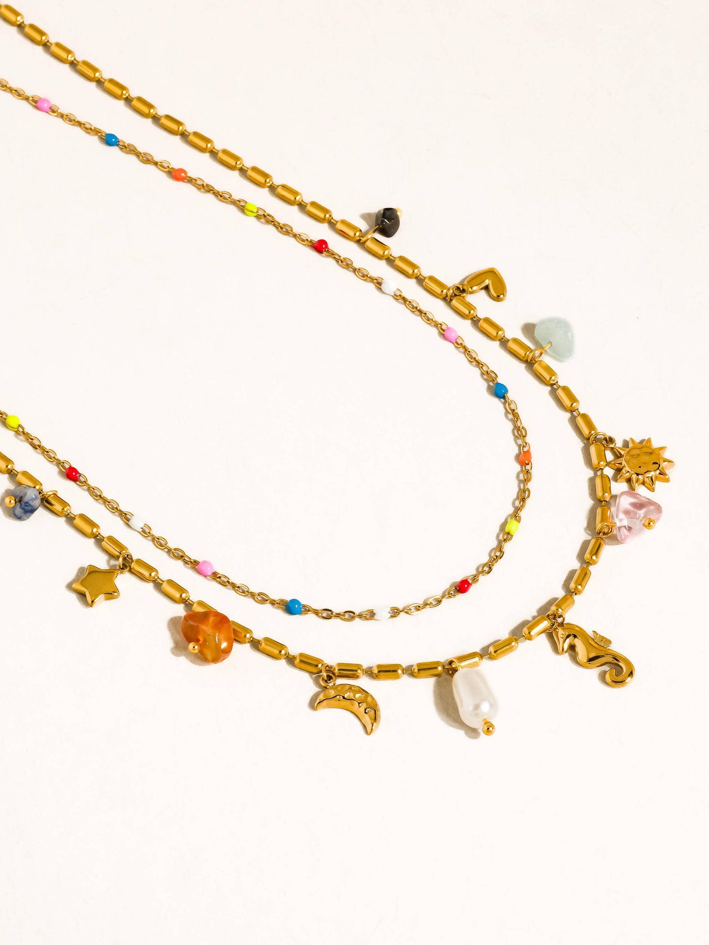Ninah 18K Gold Non-Tarnish Seahorse Charm Layered Necklace: Multi-Colored