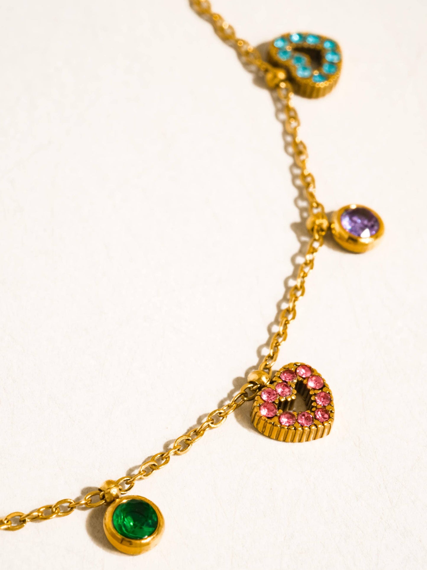 Genoa 18K Gold Non-Tarnish CZ Heart Charm Necklace: Multi-Colored