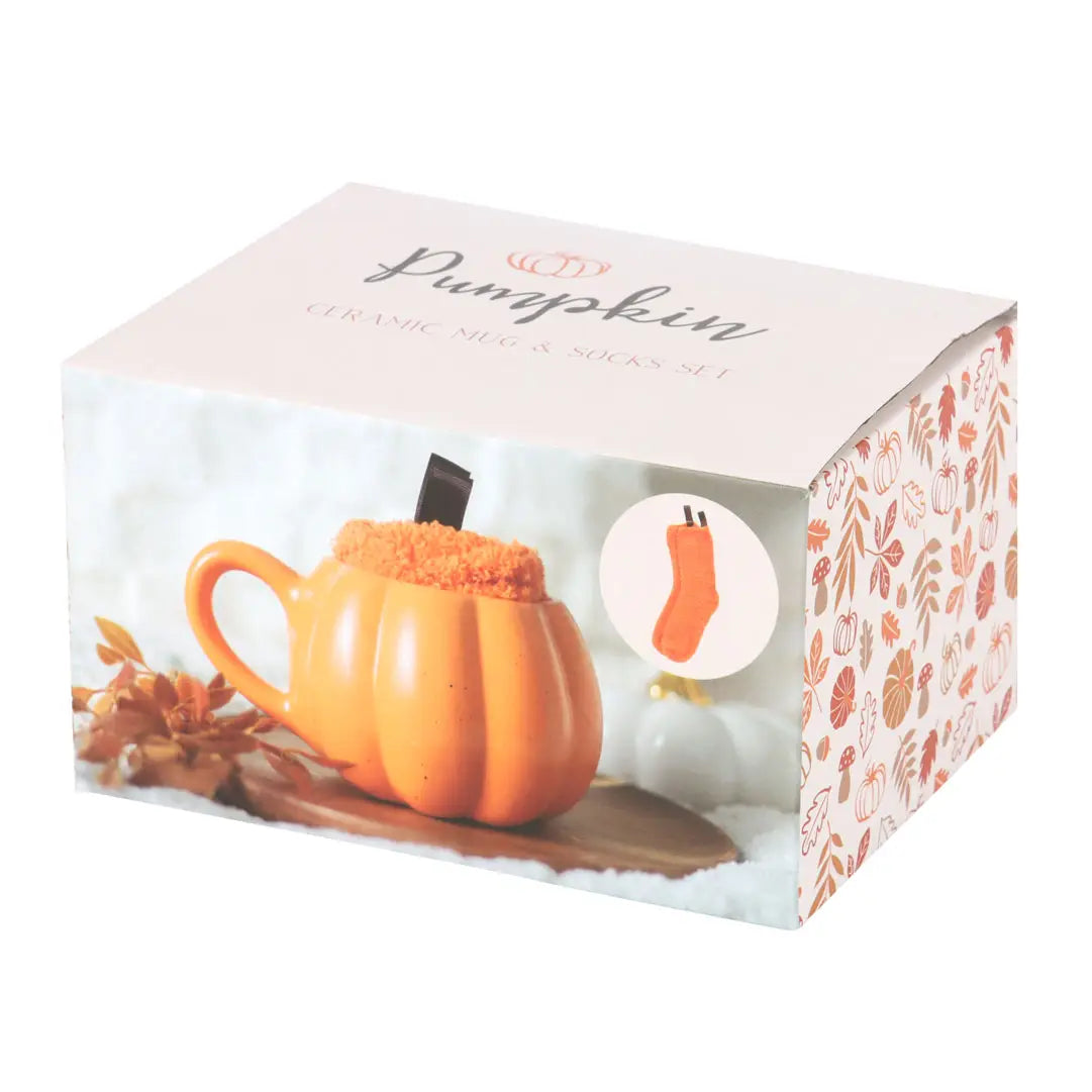 Autumn and Fall Pumpkin Shaped Mug and Socks Set