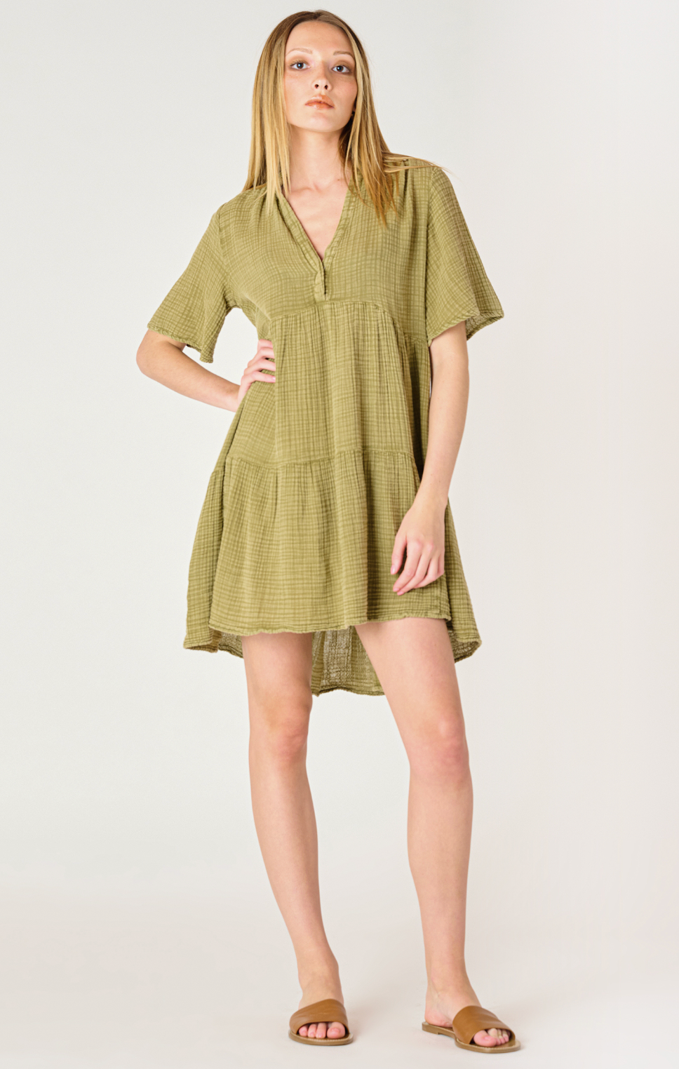 SS FLOWY TIERED MINI DRESS - Washed Sage