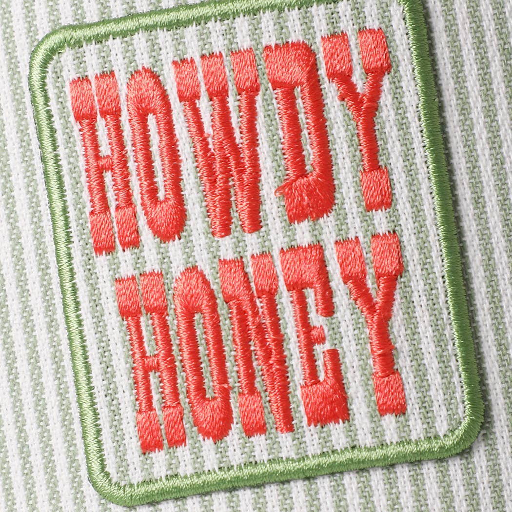 HOWDY HONEY Embroidered Patch Seersucker Baseball Cap: SAGE / ONE SIZE