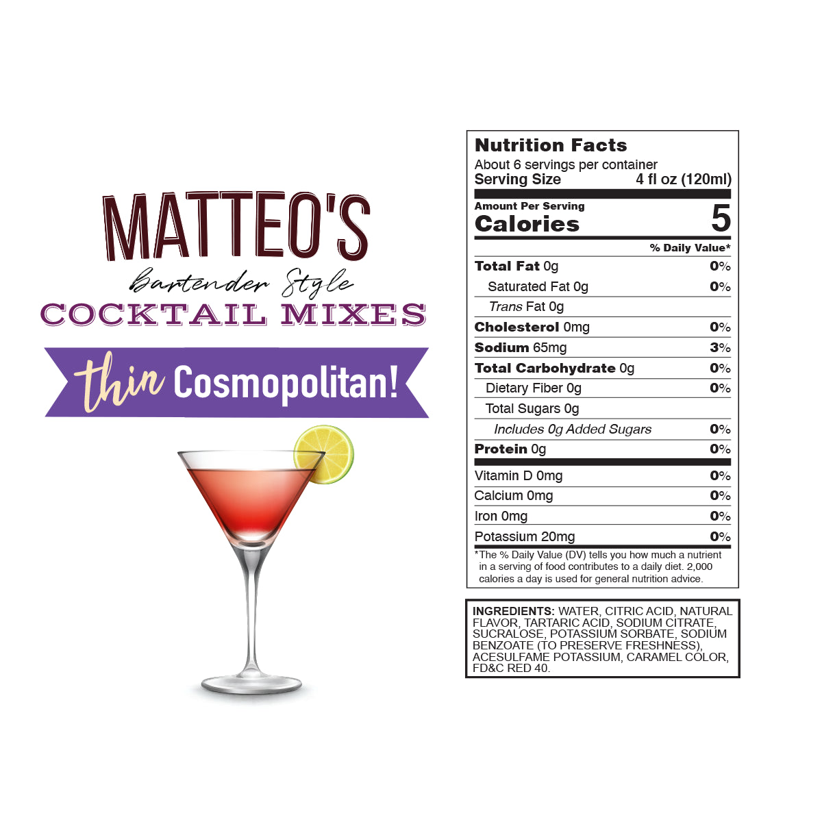 Matteo's Sugar Free Cocktail Mixes - Cosmopolitan - Delicious Cocktail Mixers, 0 Calories, 0 Sugar Cocktails, Keto Friendly Drinks: 1 Bottle