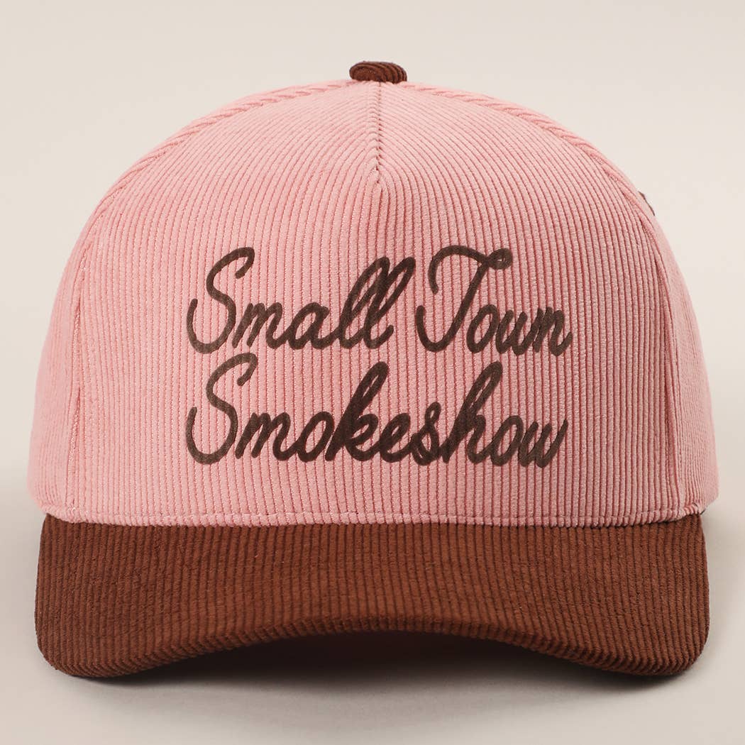 SMALL TOWN SMOKESHOW Heat Press Corduroy Trucker Hat : BROWN/PINK / One Size