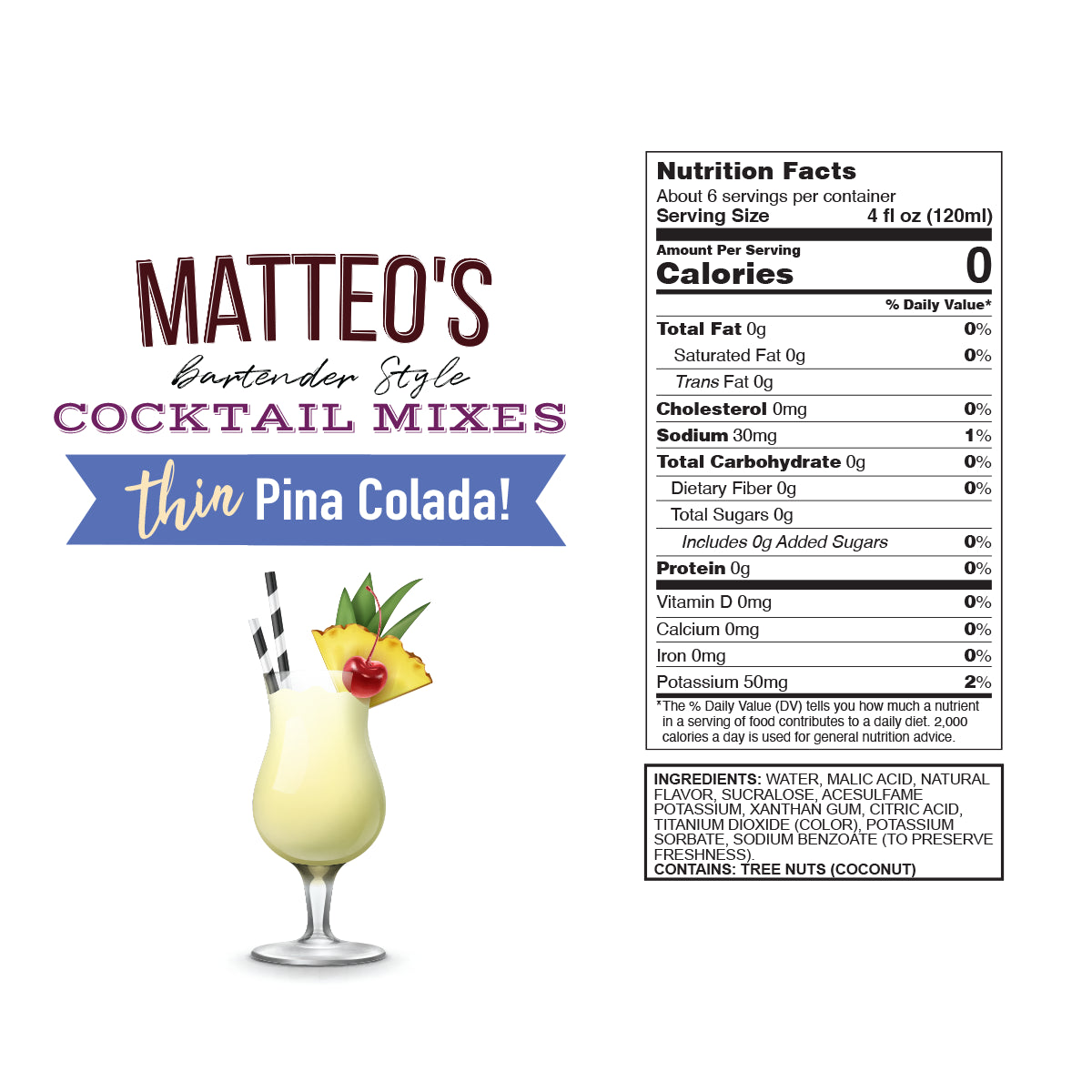Matteo's Sugar Free Cocktail Mixes - Pina Colada - Delicious Cocktail Mixers, 0 Calories, 0 Sugar Cocktails, Keto Friendly Drinks: 1 Bottle