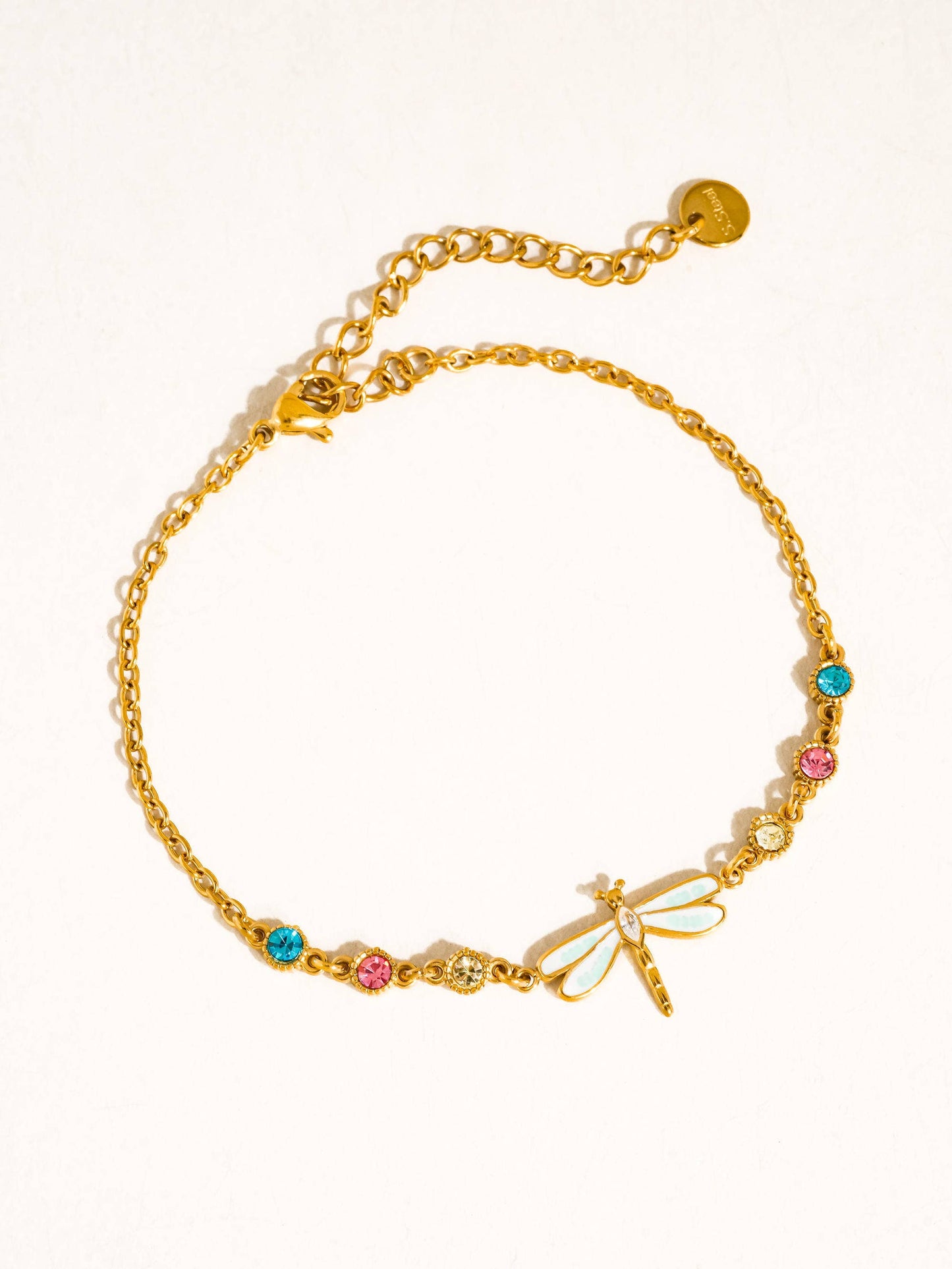 Finora 18K Gold Non-Tarnish CZ Dragonfly Chain Bracelet: Multi-Colored