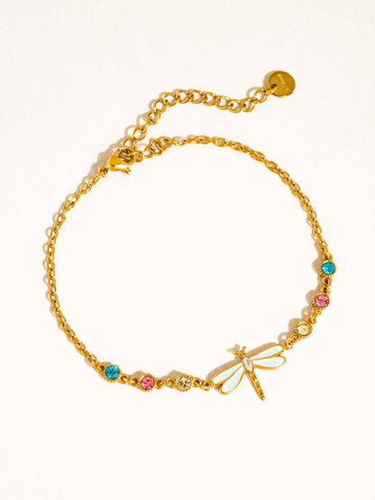 Finora 18K Gold Non-Tarnish CZ Dragonfly Chain Bracelet: Multi-Colored