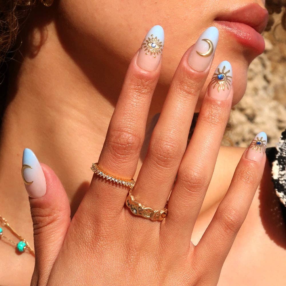 Spirited Sky Press-On Nails | Blue Gold Ombre Medium Oval