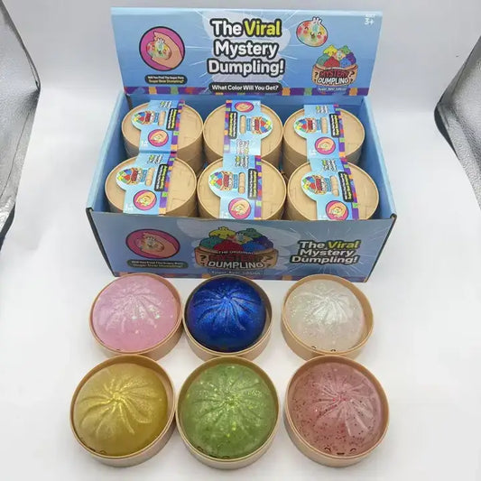 Colorful Glitter Dumpling Shape Squishy Fidget Stress Toy: TPR Dumpling Shape Squishy with Steamer Glitter Clear Shell Emoji Style