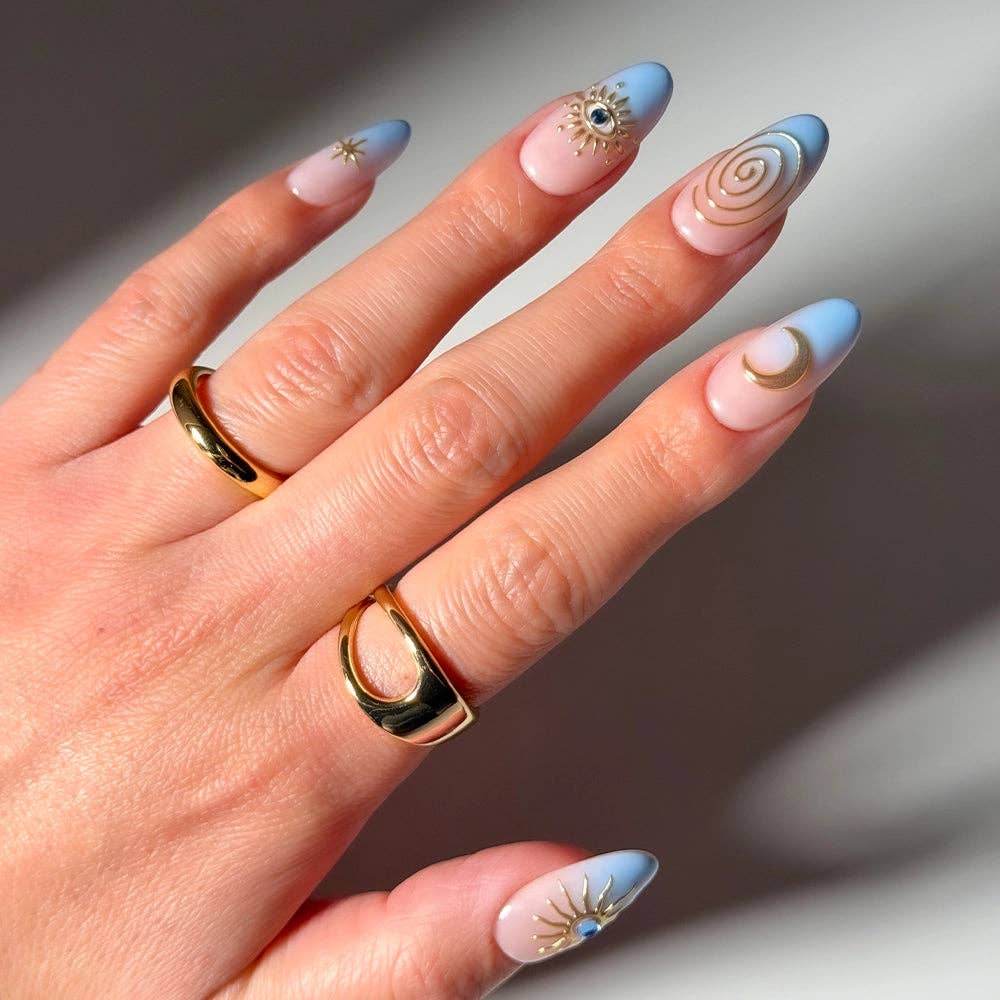 Spirited Sky Press-On Nails | Blue Gold Ombre Medium Oval