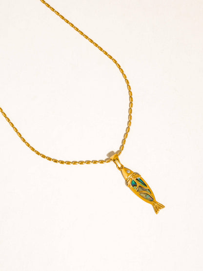 Dolphina 18K Gold Non-Tarnish Vintage Abalone Fish Necklace: Yellow Gold