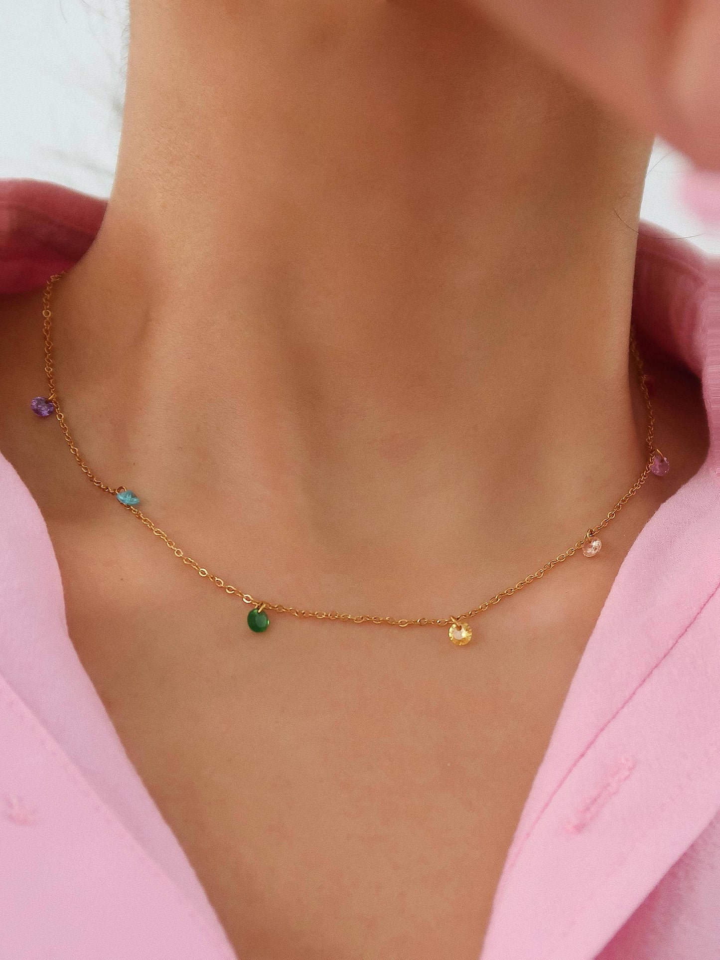 Ariana 18K Non-Tarnish Petite CZ Chain Necklace: Multi-Colored
