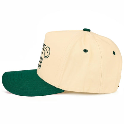 C.C HAPPY CAMPER Letter Embroidered on Two Tone Trucker Hat: Dark Green