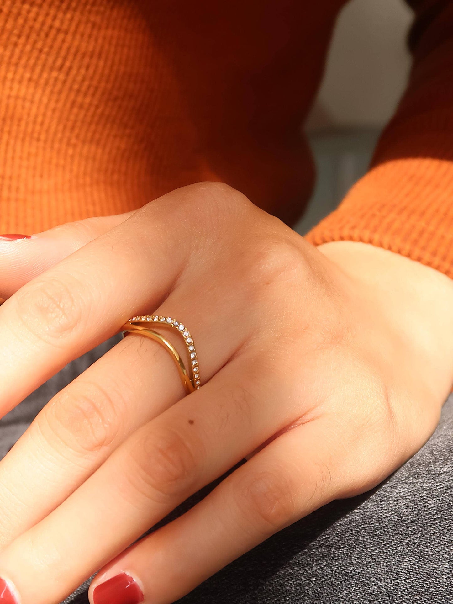 Orleans 18K Gold Non-Tarnish Layered V Rhinestone Ring: Yellow Gold / 8