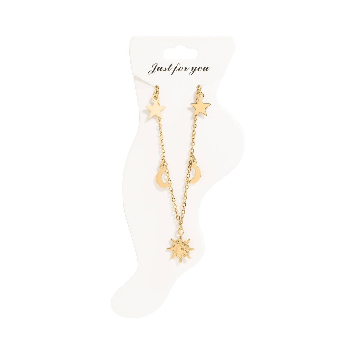 18K Gold PVD Stainless Steel Moon & Star Charm Anklet: Stainless