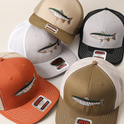 Rainbow Trout Fish Embroidered Mesh Back Trucker Hat: Black/Heather Gray/Black / ONE SIZE