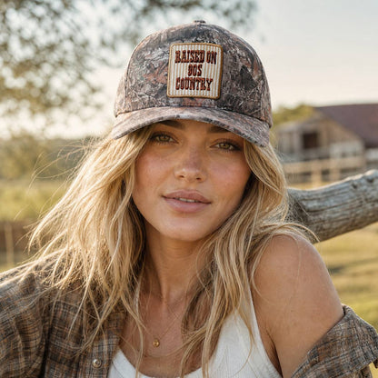 RAISED ON 90'S COUNTRY Embroidered Patch Camo Trucker Hat: DK CAMO-P352 / ONE SIZE