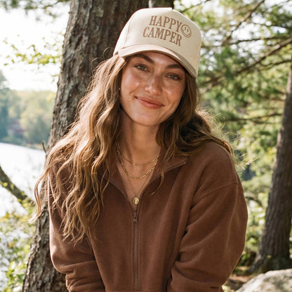 C.C HAPPY CAMPER Letter Embroidered on Two Tone Trucker Hat: Dark Green