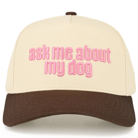 C.C ASK ME ABOUT MY DOG Letter on Two Tone Trucker Hat: Brown
