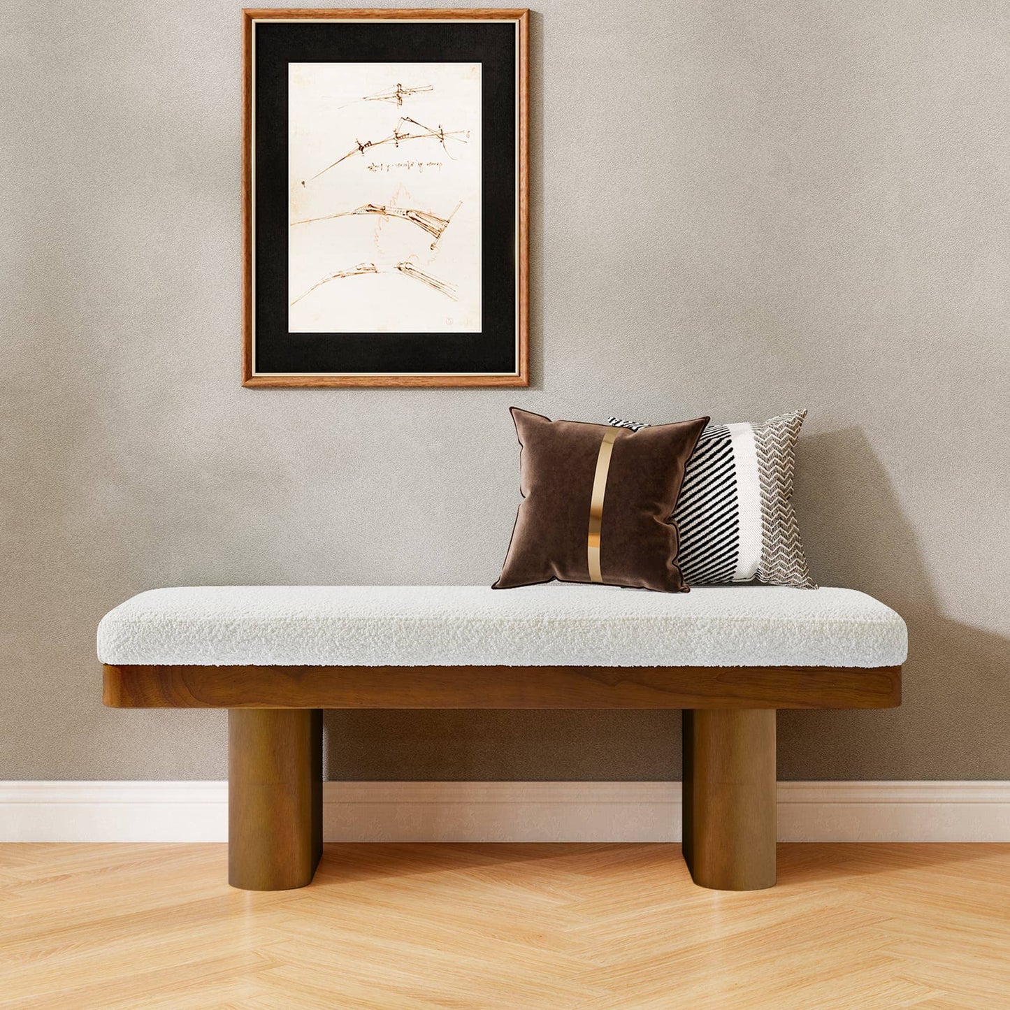 47.5" Wood Bed Bench Ottoman, Teddy Velvet Entryway Bench: Walnut