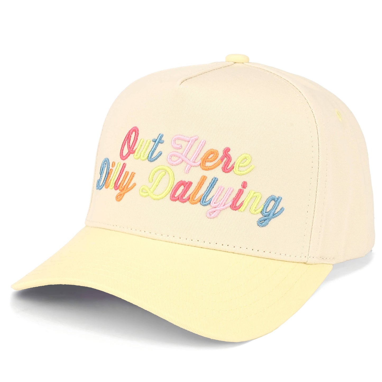 C.C OUT HERE DILLY DALLYING Letter on Two Tone Trucker Hat: Butter Yellow