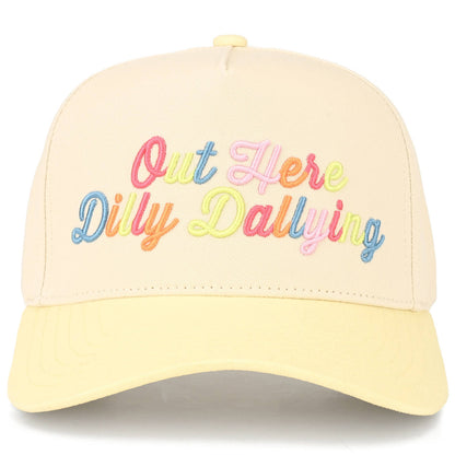 C.C OUT HERE DILLY DALLYING Letter on Two Tone Trucker Hat: Hot Pink