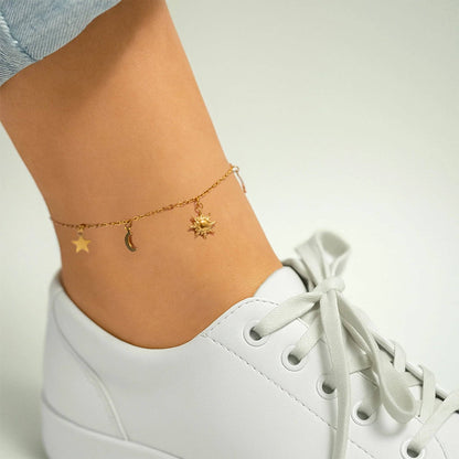 18K Gold PVD Stainless Steel Moon & Star Charm Anklet: Gold