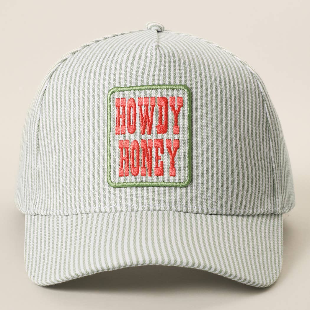 HOWDY HONEY Embroidered Patch Seersucker Baseball Cap: SAGE / ONE SIZE
