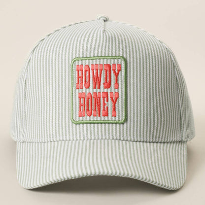 HOWDY HONEY Embroidered Patch Seersucker Baseball Cap: SAGE / ONE SIZE