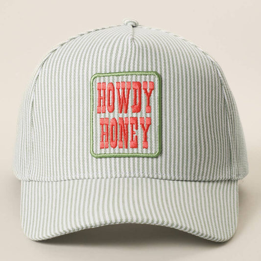 HOWDY HONEY Embroidered Patch Seersucker Baseball Cap: SAGE / ONE SIZE