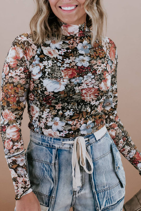 Brown Floral Long Sleeve High Neck Sheath Mesh Blouse: Brown