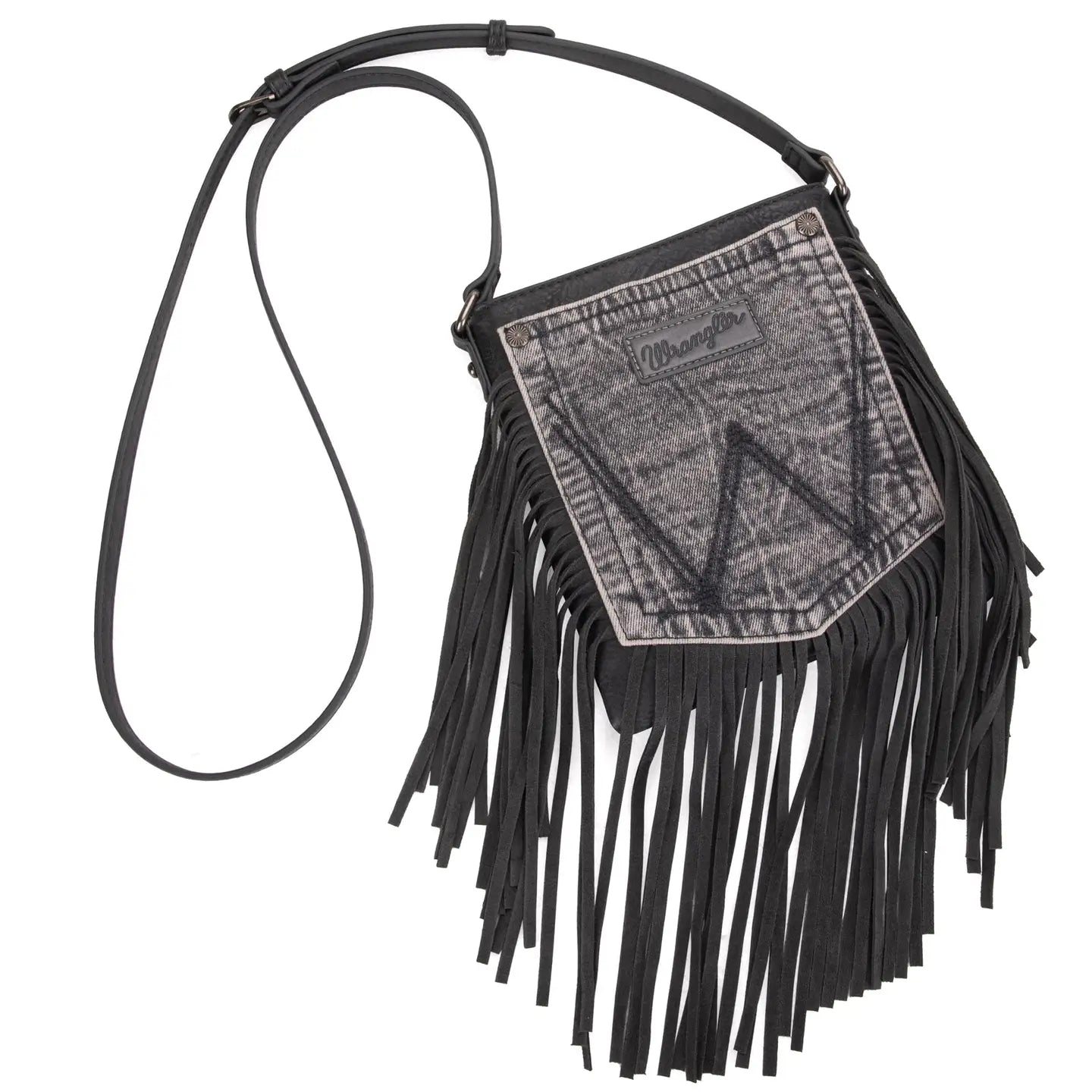 Wrangler Leather Fringe Jean Denim Pocket Crossbody - Light Black