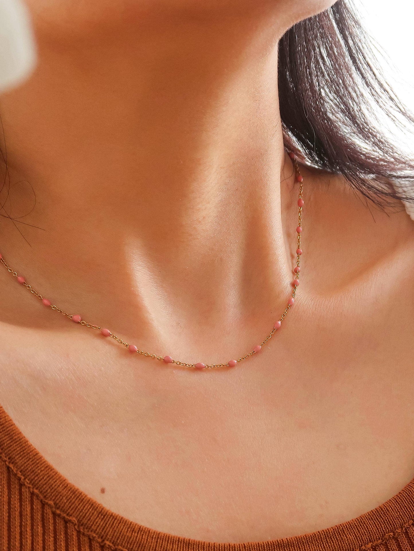 Soleil 18K Gold Non-Tarnish Beaded Petite Chain Necklace: Blue