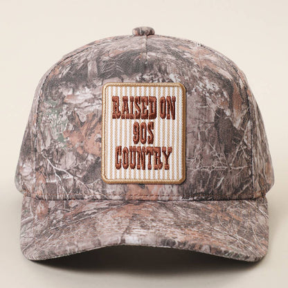RAISED ON 90'S COUNTRY Embroidered Patch Camo Trucker Hat: DK CAMO-P352 / ONE SIZE
