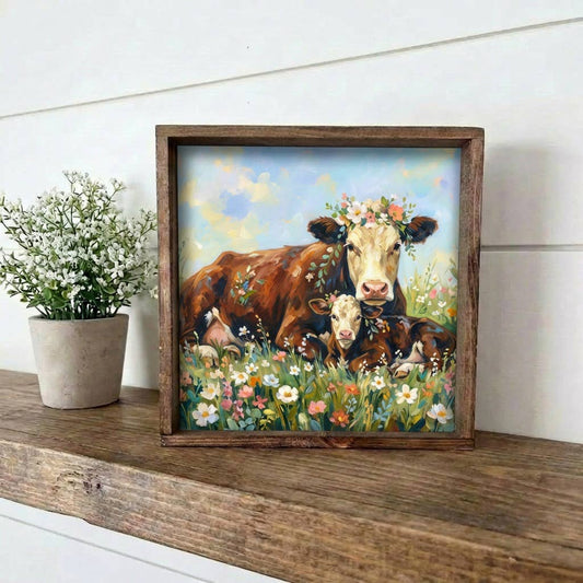 Cute Cow and Calf Smalled Framed Wooden Sign