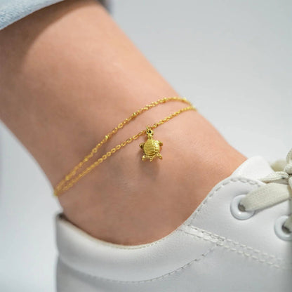 18K Gold PVD Stainless Steel Sea Turtle Charm Anklet: Gold
