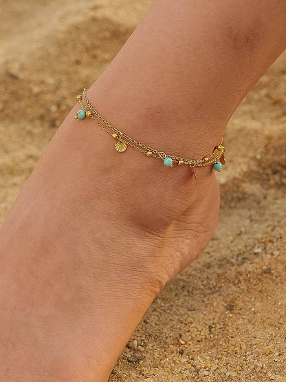 Zinnia 18K Gold Non-Tarnish Beaded Shell Charm Anklets: Blue