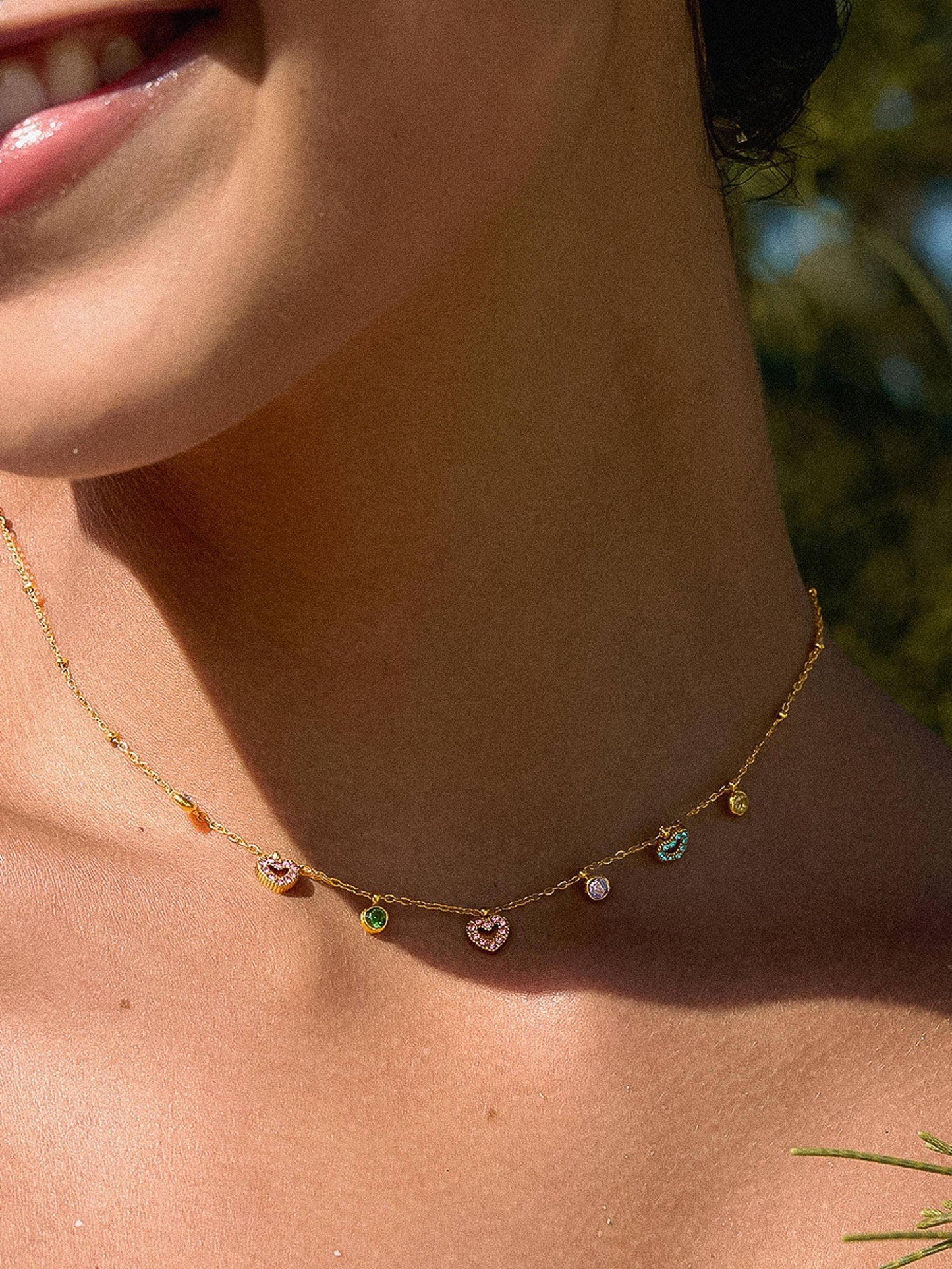 Genoa 18K Gold Non-Tarnish CZ Heart Charm Necklace: Multi-Colored
