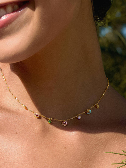 Genoa 18K Gold Non-Tarnish CZ Heart Charm Necklace: Multi-Colored