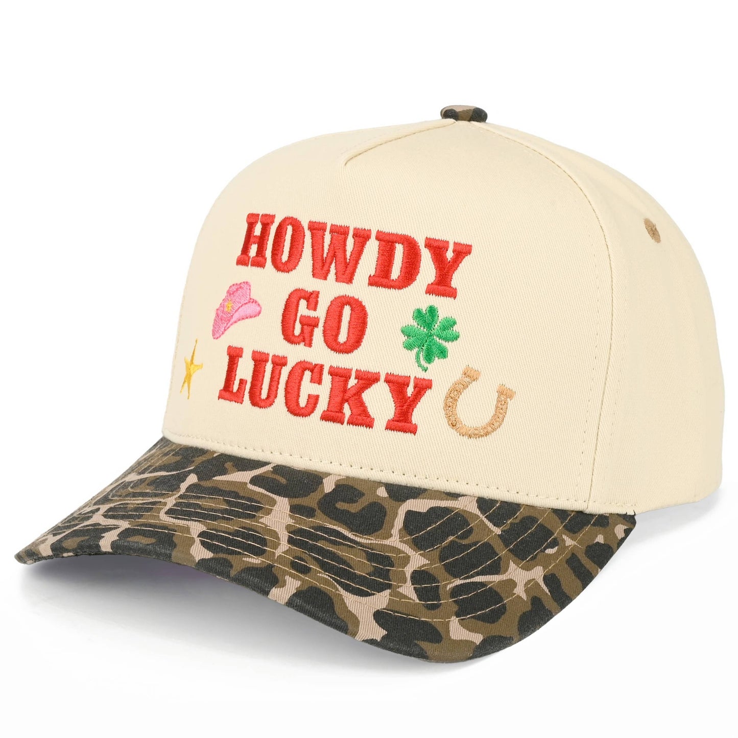 C.C HOWDY GO LUCKY Letter on Two Tone Trucker Hat: Leopard