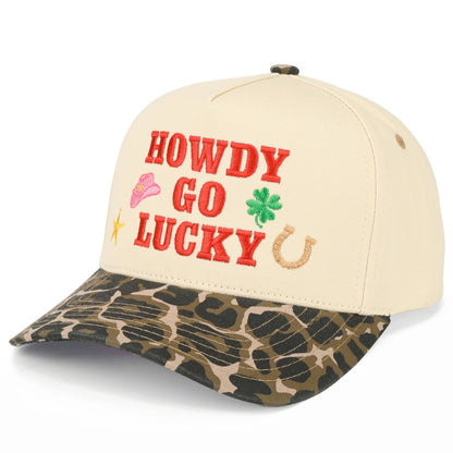C.C HOWDY GO LUCKY Letter on Two Tone Trucker Hat: Leopard