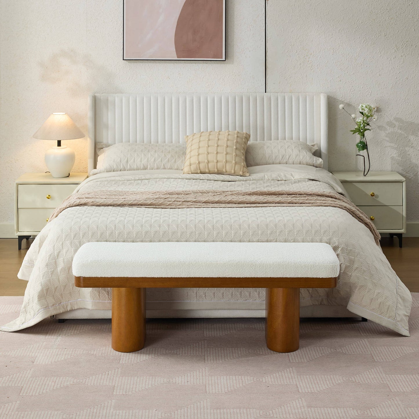 47.5" Wood Bed Bench Ottoman, Teddy Velvet Entryway Bench: Walnut