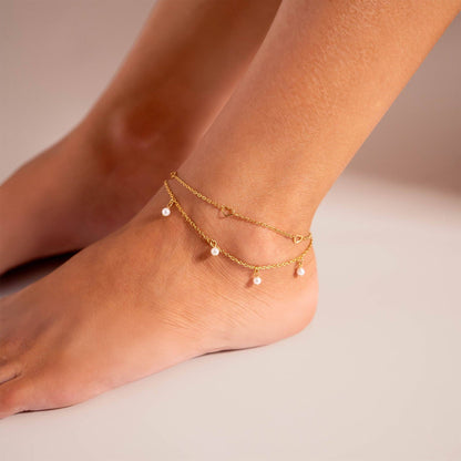 18K Gold PVD Stainless Steel Pearl Charm Anklet : Gold