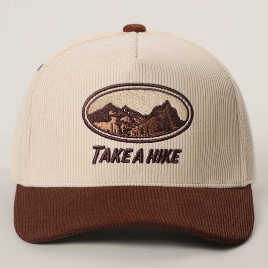 Take a Hike Embroidered Corduroy Trucker Hat: BRN / One Size