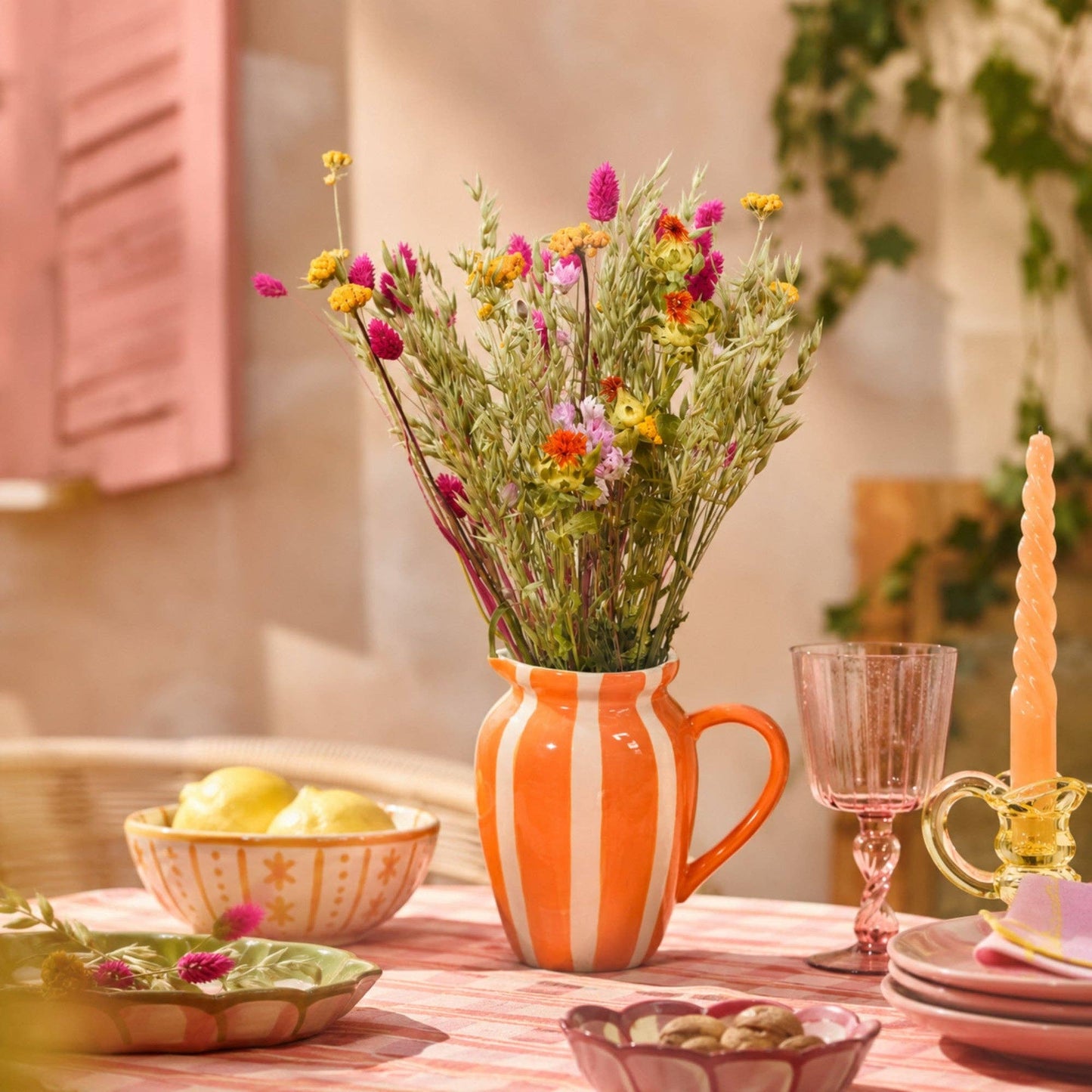 Dried Flowers in Ceramic Vase – Orange Stripes - Summer Bestseller
