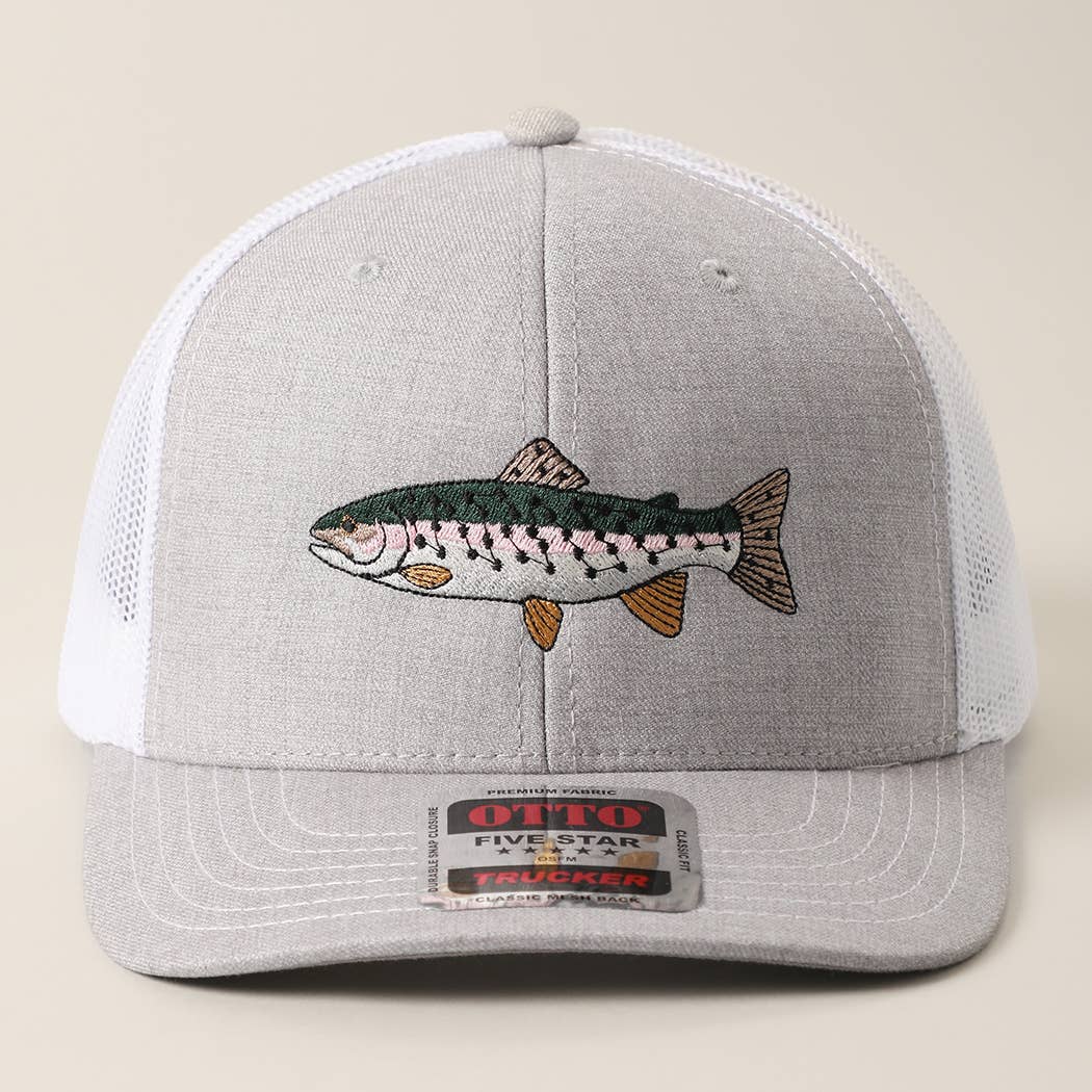 Rainbow Trout Fish Embroidered Mesh Back Trucker Hat: Black/Heather Gray/Black / ONE SIZE