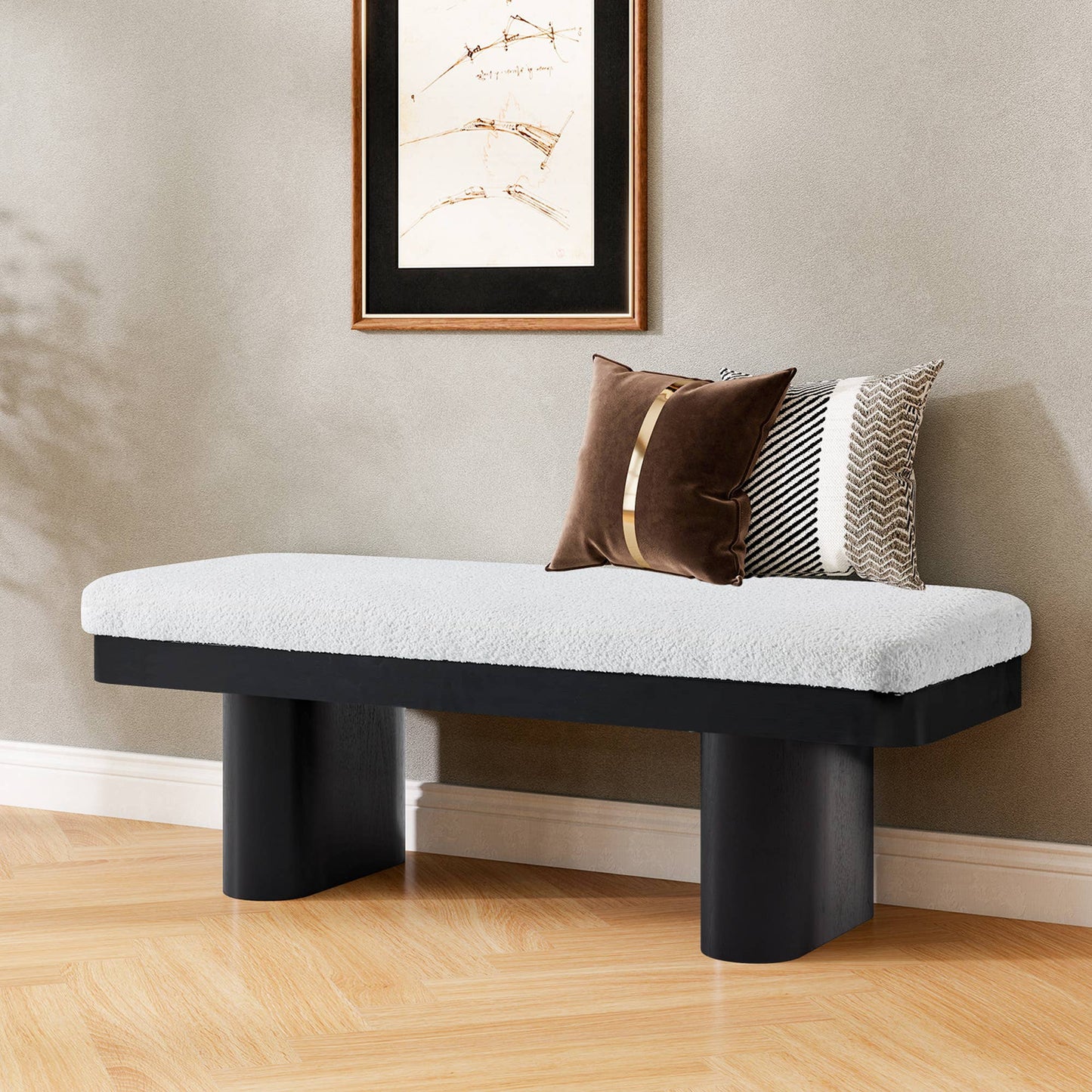 47.5" Wood Bed Bench Ottoman, Teddy Velvet Entryway Bench: Walnut