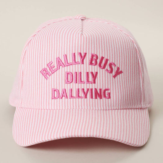 REALLY BUSY DILLY DALLYING Embroidered Seersucker Stripe Hat: PINK / ONE SIZE