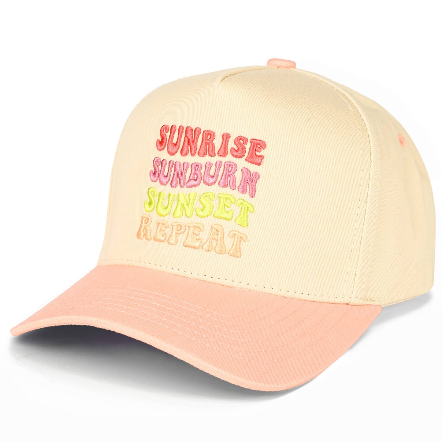 C.C SUNRISE SUNBURN SUNSET REPEAT on Two Tone Trucker Hat: Peach