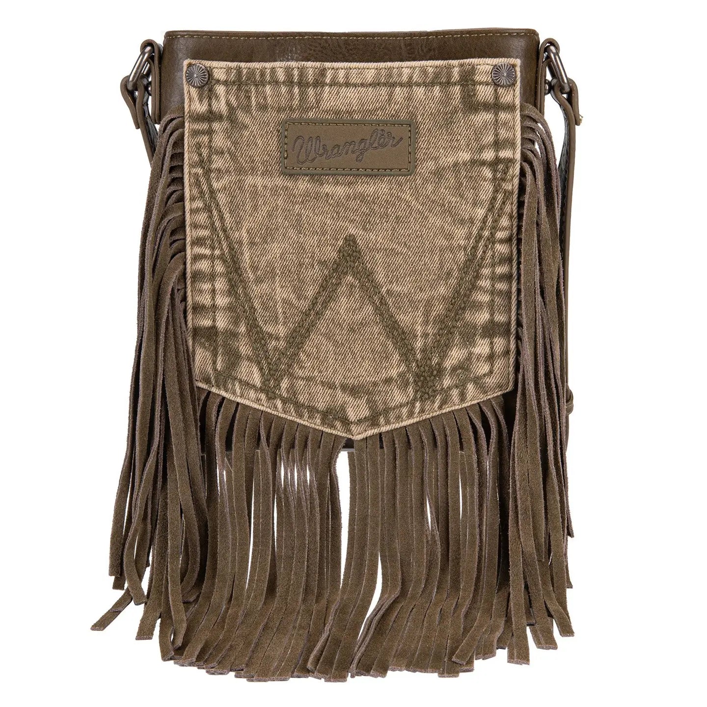 Wrangler Leather Fringe Jean Denim Pocket Crossbody - Green